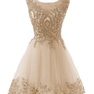 Ballerina style gold beaded homecoming prom dress